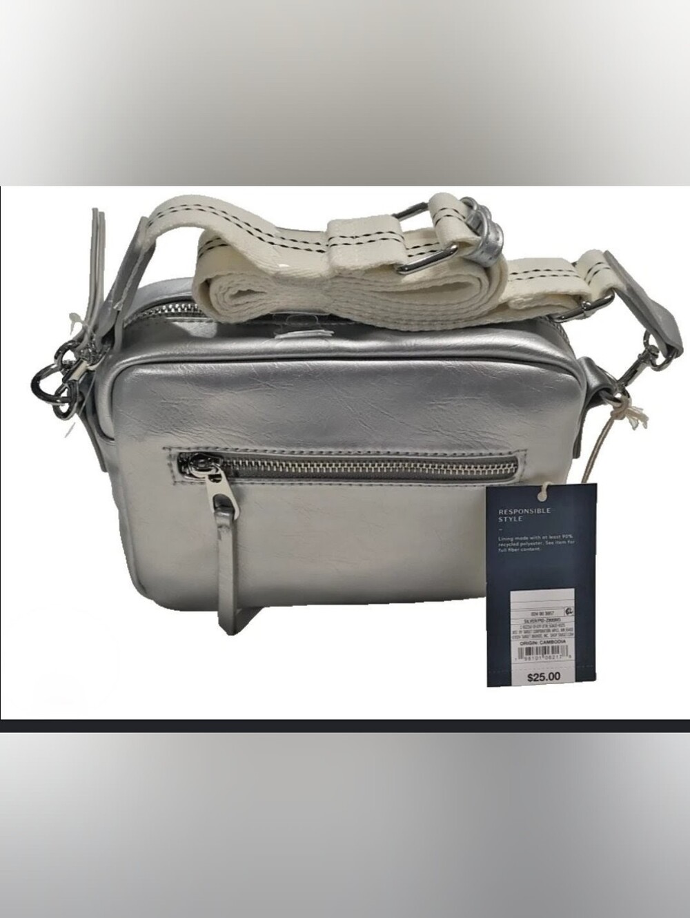 Metallic Silver Crossbody Bag with Front Zip Pocket NWT